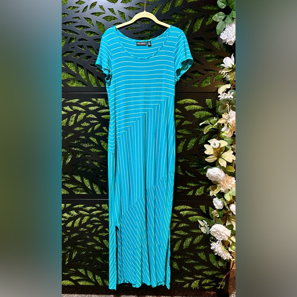 Nina Leonard Blue Casual Short Sleeve Crew Neck Sundress, Size Small